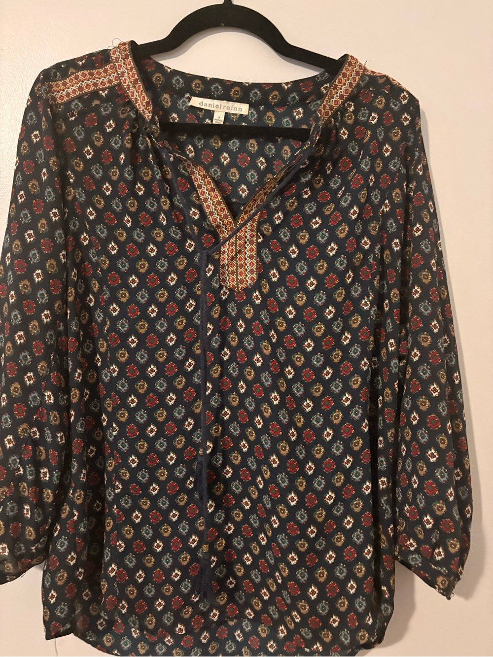 Daniel Rainn Navy Boho Tie-Neck Printed Blouse